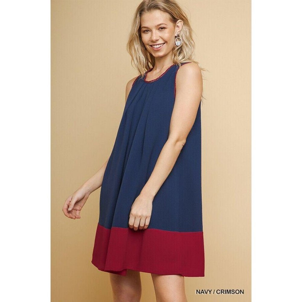 Umgee Dress Sleeveless Two Tone Pom Pom Trim Med - Picture 1 of 3